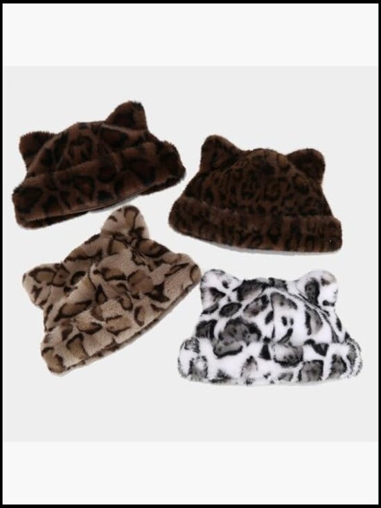 Faux Fur Cat Ear Beanie Hat Leopard Print Fluffy Winter Warm main image 7